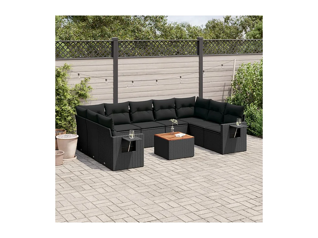 Salon de jardin 10 pcs avec coussins noir résine tressée