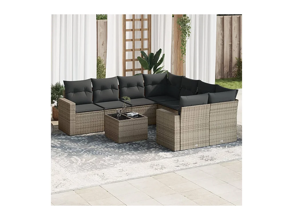 9-delige Loungeset met kussens poly rattan grijs