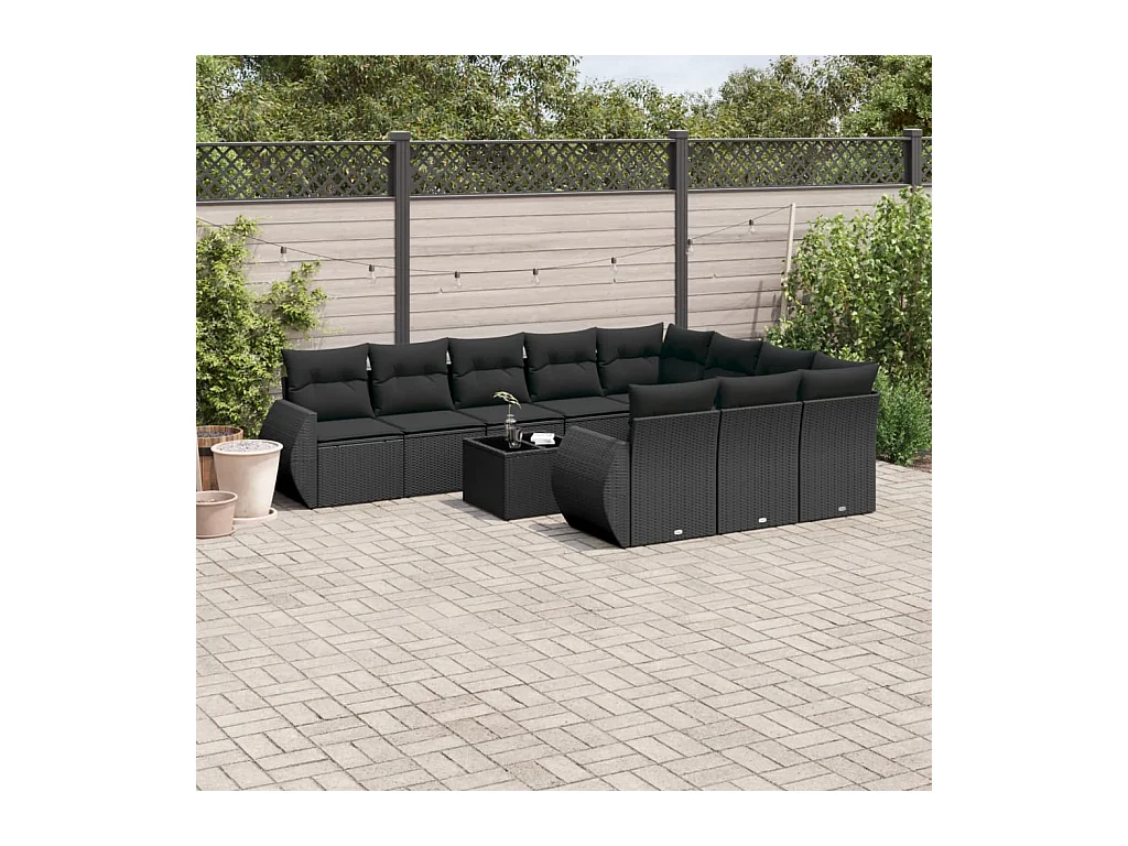 Salon de jardin 11 pcs avec coussins noir résine tressée