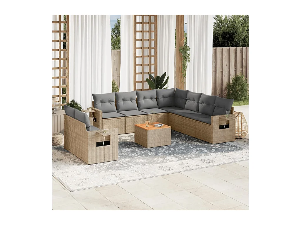 Set Divano da Giardino 10 pz con Cuscini Beige in Polyrattan
