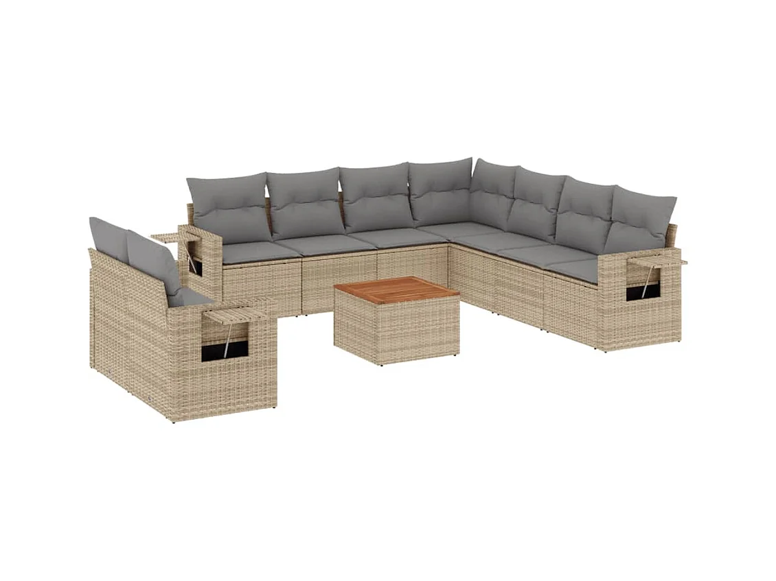 Salon de jardin avec coussins 10 pcs beige résine tressée
