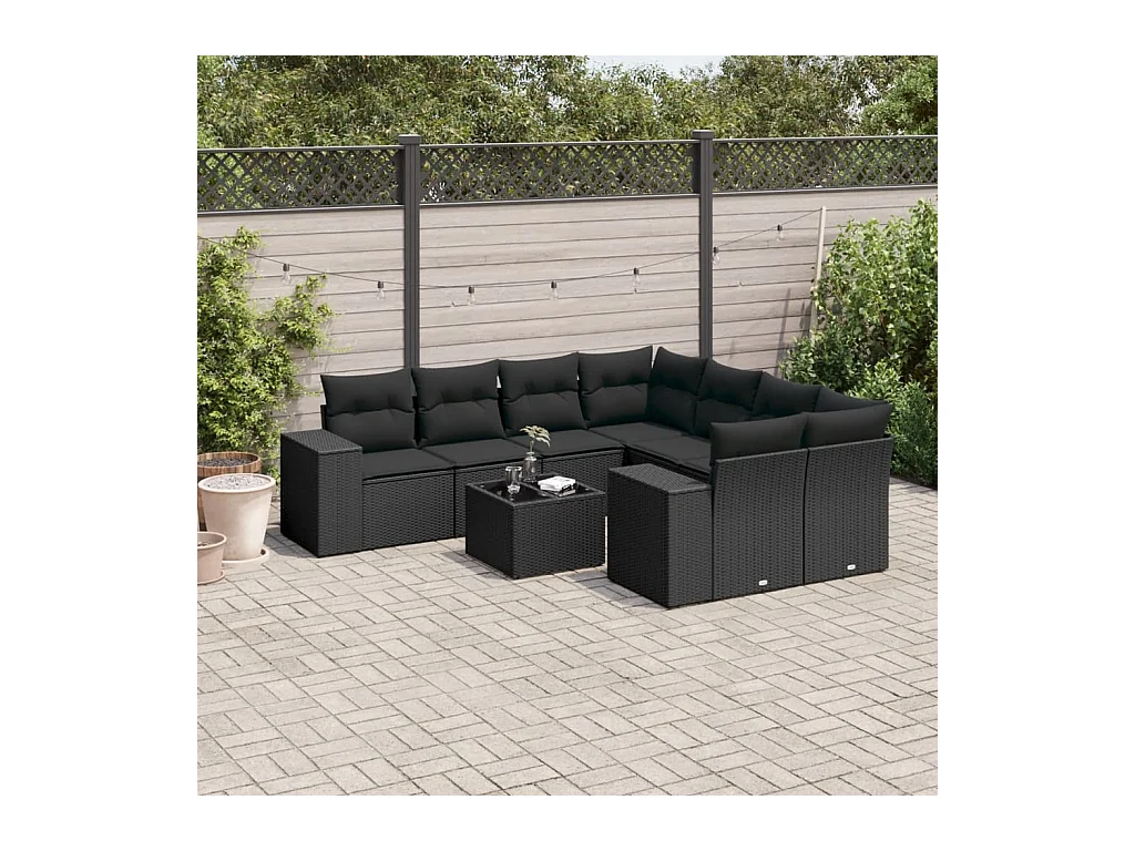 9-tlg. Garten-Sofagarnitur mit Kissen Schwarz Poly Rattan