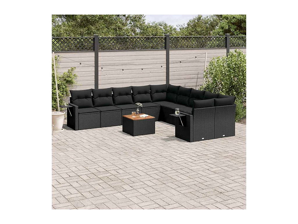 Salon de jardin 11 pcs avec coussins noir résine tressée