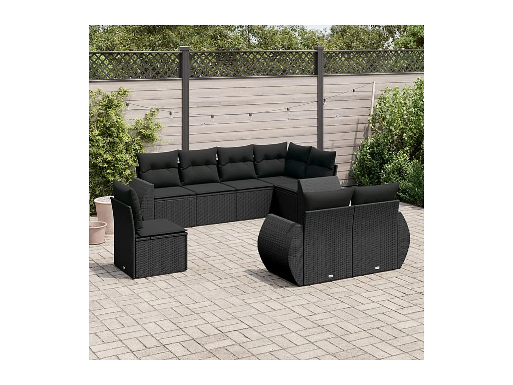 Salon de jardin 8 pcs avec coussins noir résine tressée