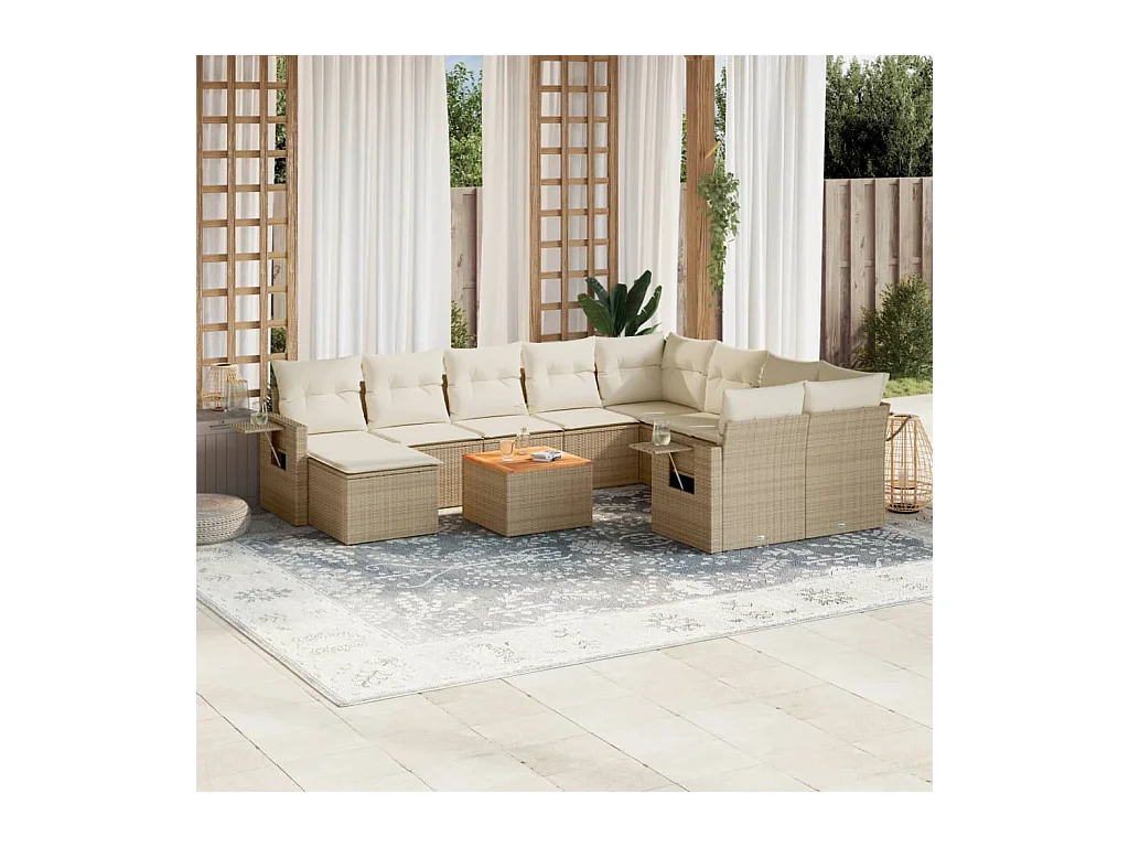 11-tlg. Garten-Sofagarnitur mit Kissen Beige Poly Rattan
