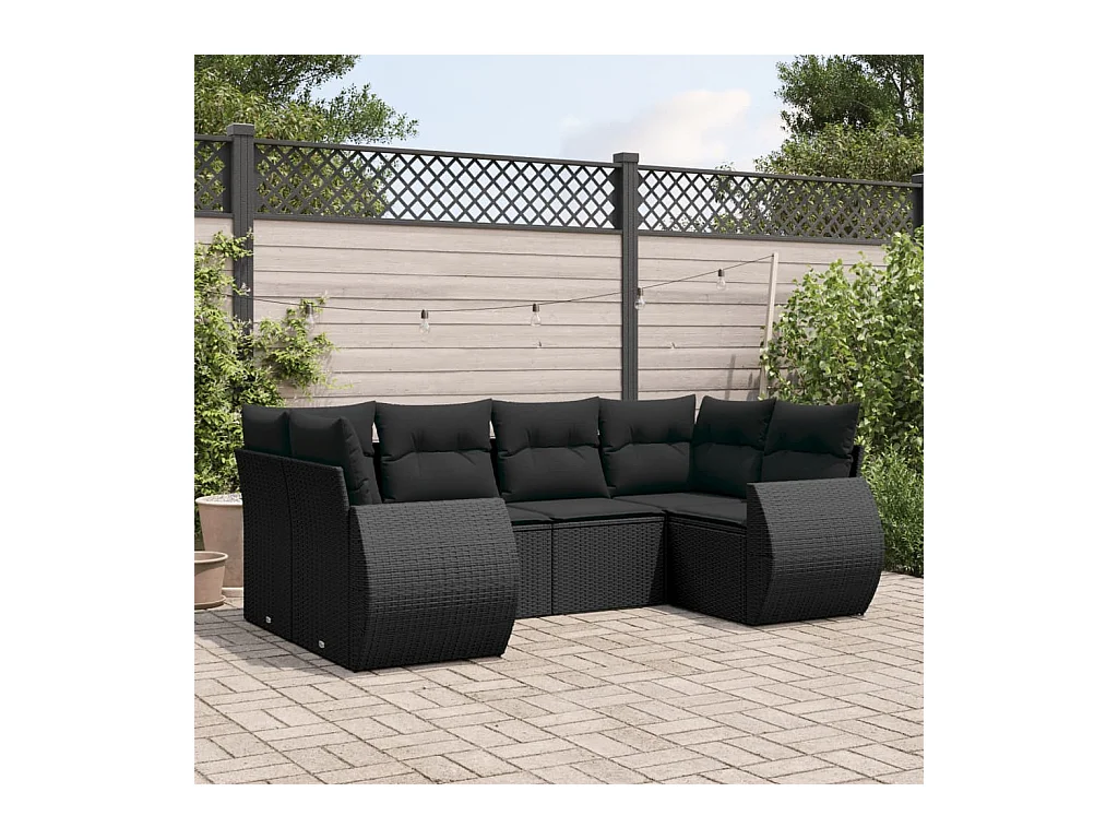 6-delige Loungeset met kussens poly rattan zwart