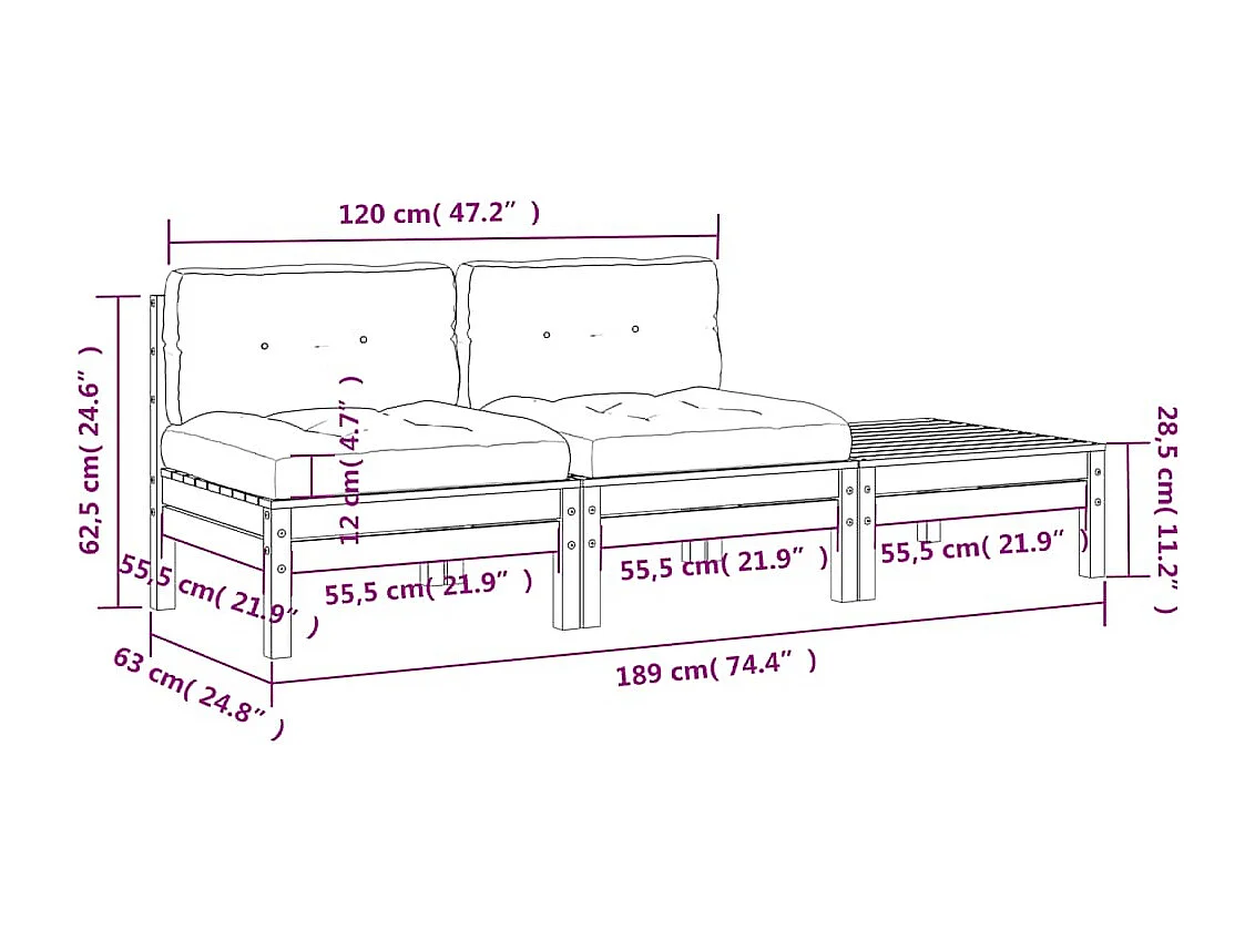 Canapé de jardin avec coussins et repose-pied 2 places