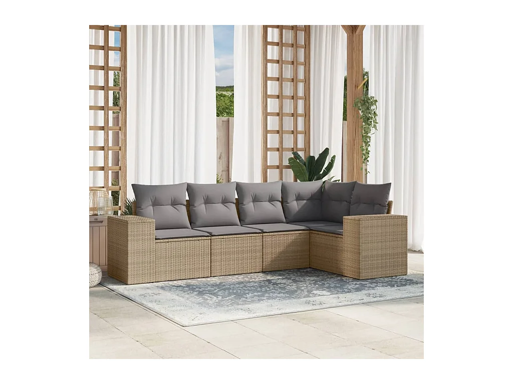 Salon de jardin avec coussins 5 pcs beige résine tressée
