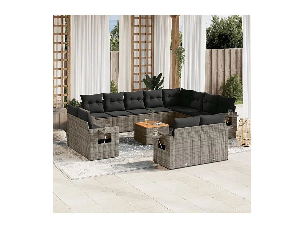 13-tlg. Garten-Sofagarnitur mit Kissen Grau Poly Rattan
