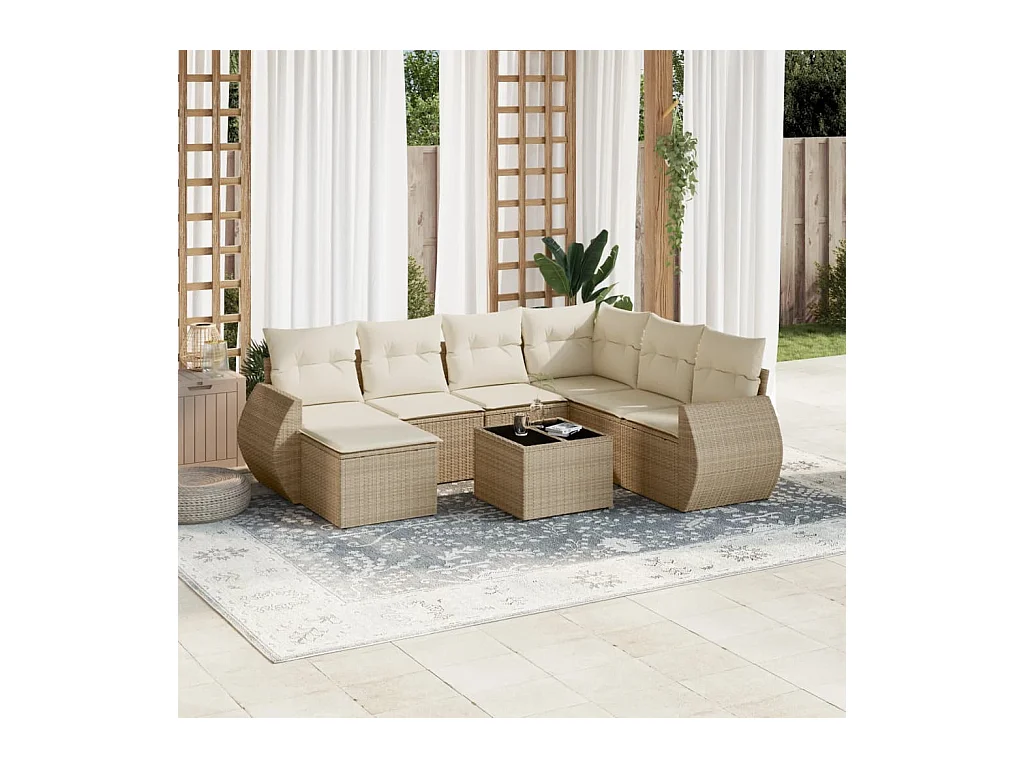 Salon de jardin avec coussins 8 pcs beige résine tressée