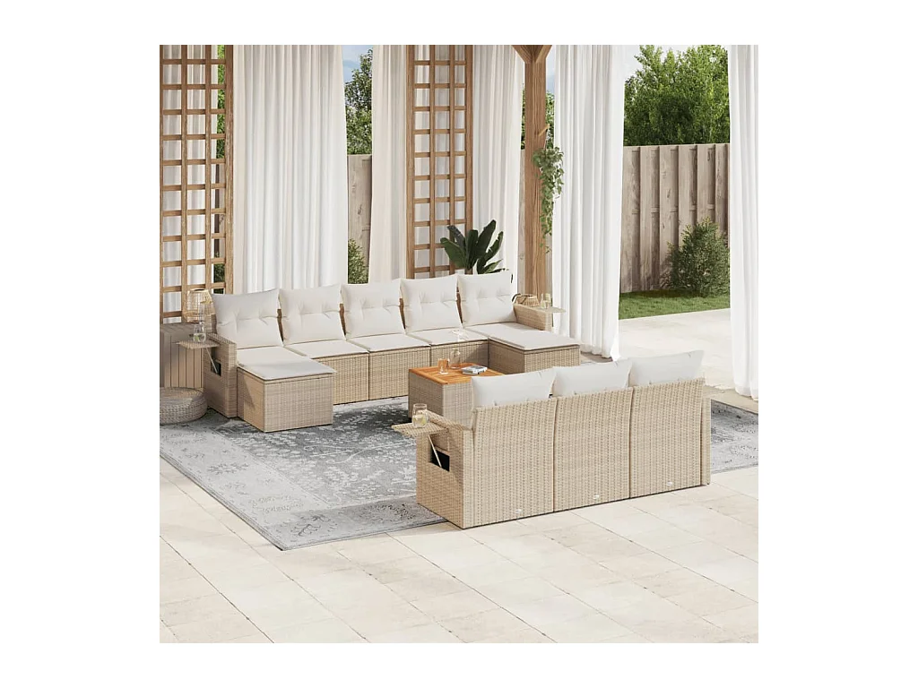11-tlg. Garten-Sofagarnitur mit Kissen Beige Poly Rattan