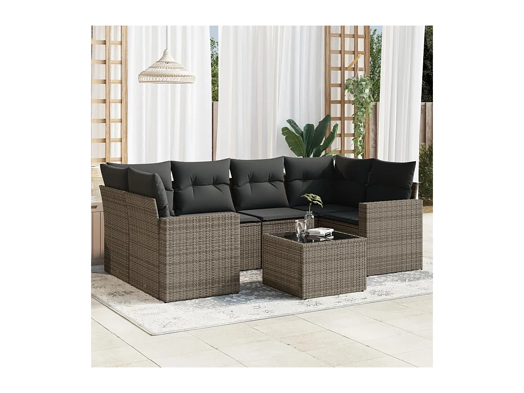 Salon de jardin avec coussins 7 pcs gris résine tressée