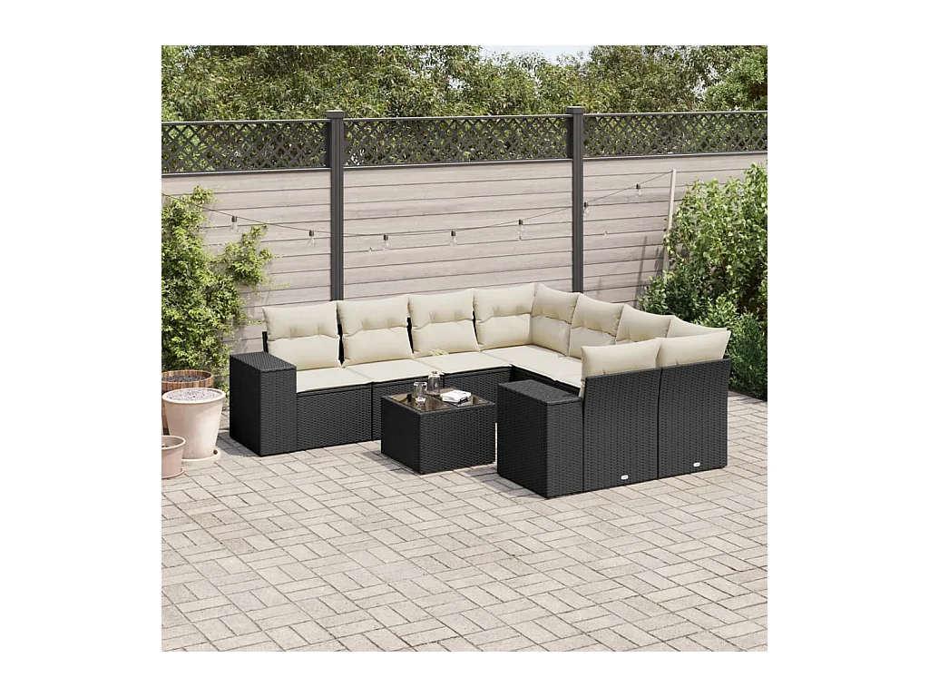 Salon de jardin 9 pcs avec coussins noir résine tressée