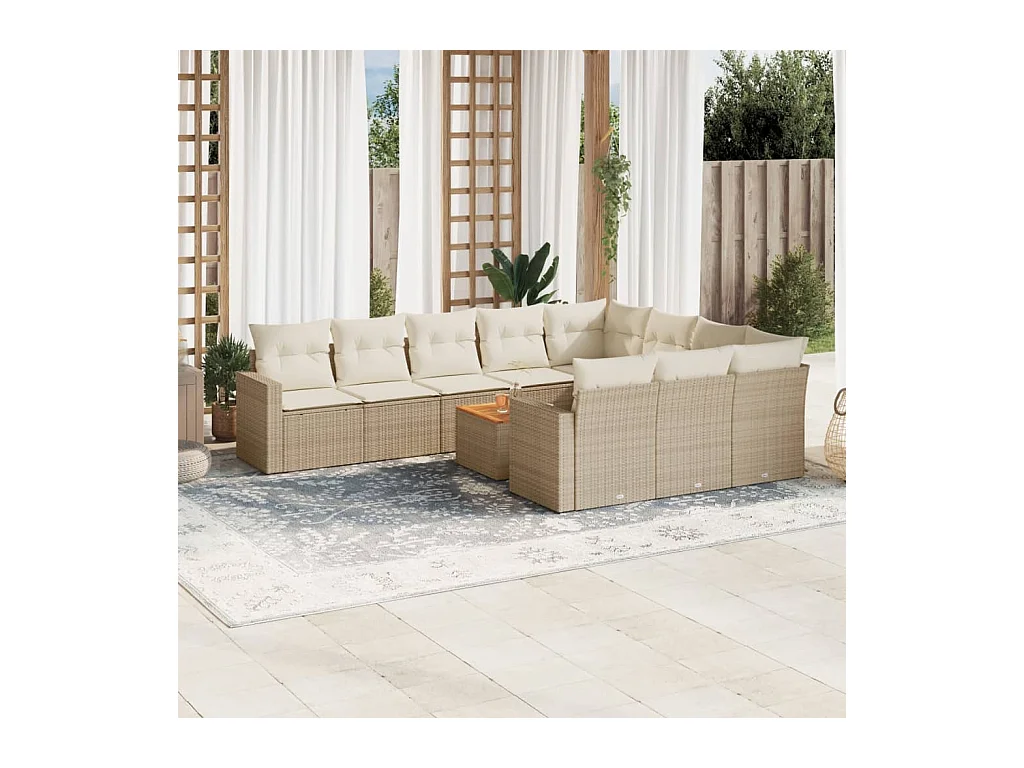 Salon de jardin 11 pcs avec coussins beige résine tressée