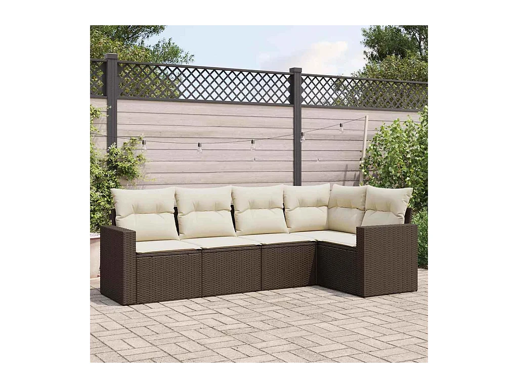 Set Divano da Giardino 5 pz con Cuscini Marrone in Polyrattan