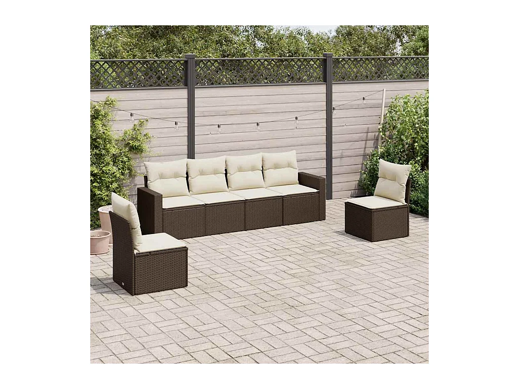Set Divani da Giardino 6 pz con Cuscini Marrone in Polyrattan