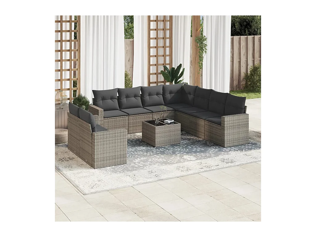 Salon de jardin avec coussins 10 pcs gris résine tressée