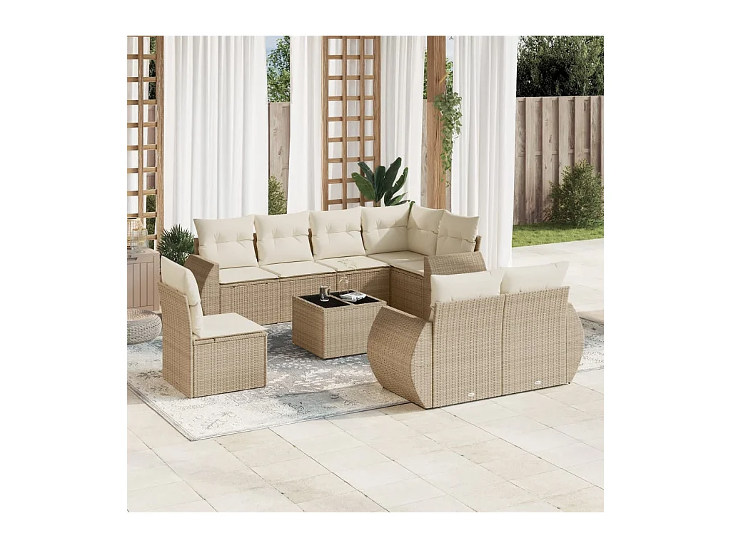 9-tlg. Garten-Sofagarnitur mit Kissen Beige Poly Rattan
