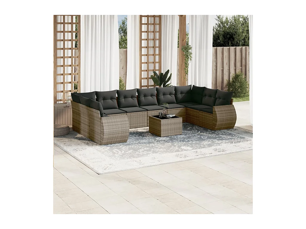 Salon de jardin 11 pcs avec coussins gris résine tressée