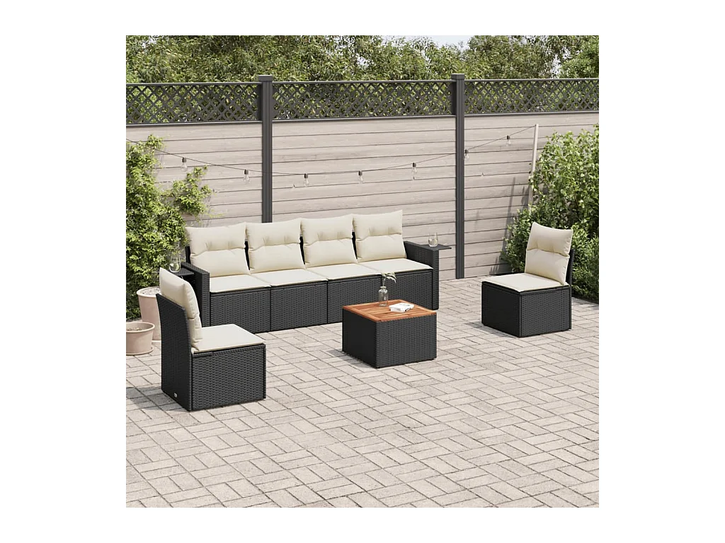 Salon de jardin 7 pcs avec coussins noir résine tressée