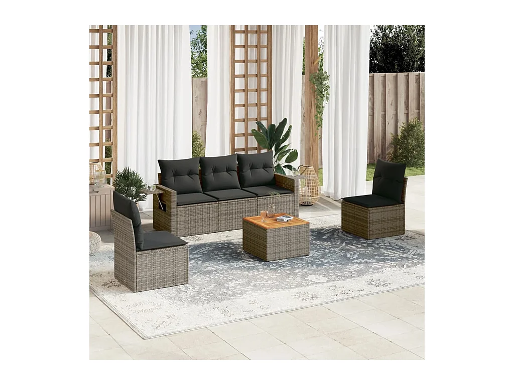 6-delige Loungeset met kussens poly rattan grijs