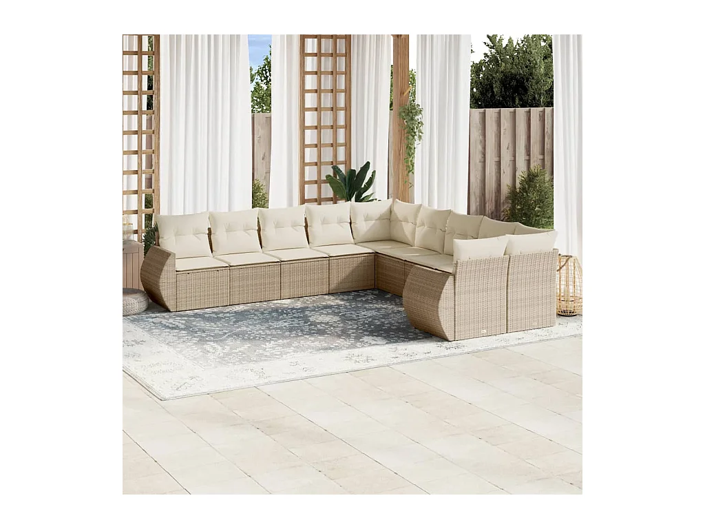 Salon de jardin avec coussins 10 pcs beige résine tressée