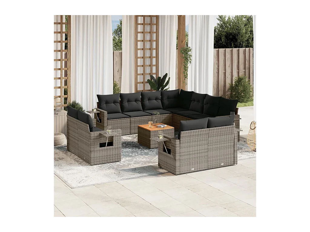 Salon de jardin avec coussins 12 pcs gris résine tressée