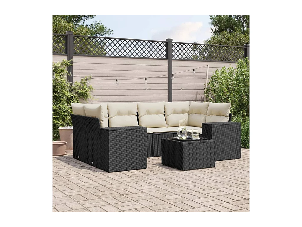 Salon de jardin 7 pcs avec coussins noir résine tressée