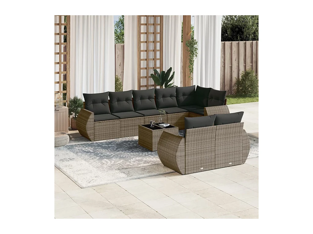 Set Divano da Giardino 9 pz con Cuscini Grigio in Polyrattan