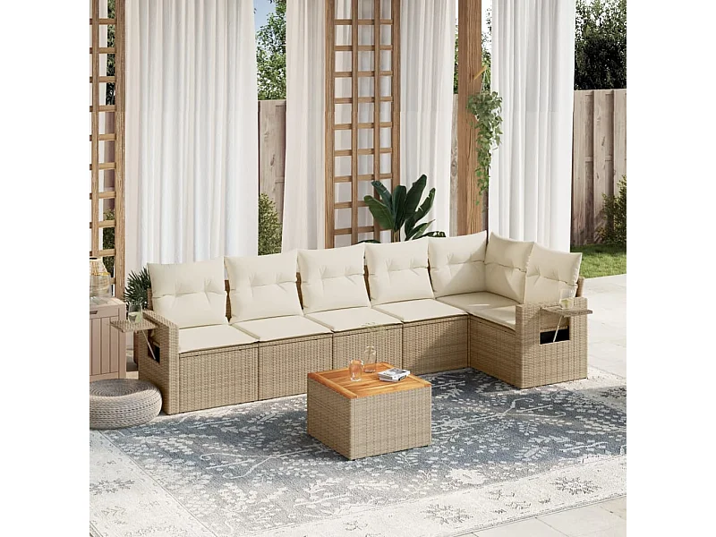 7 pcs conjunto de sofás p/ jardim com almofadões vime PE bege