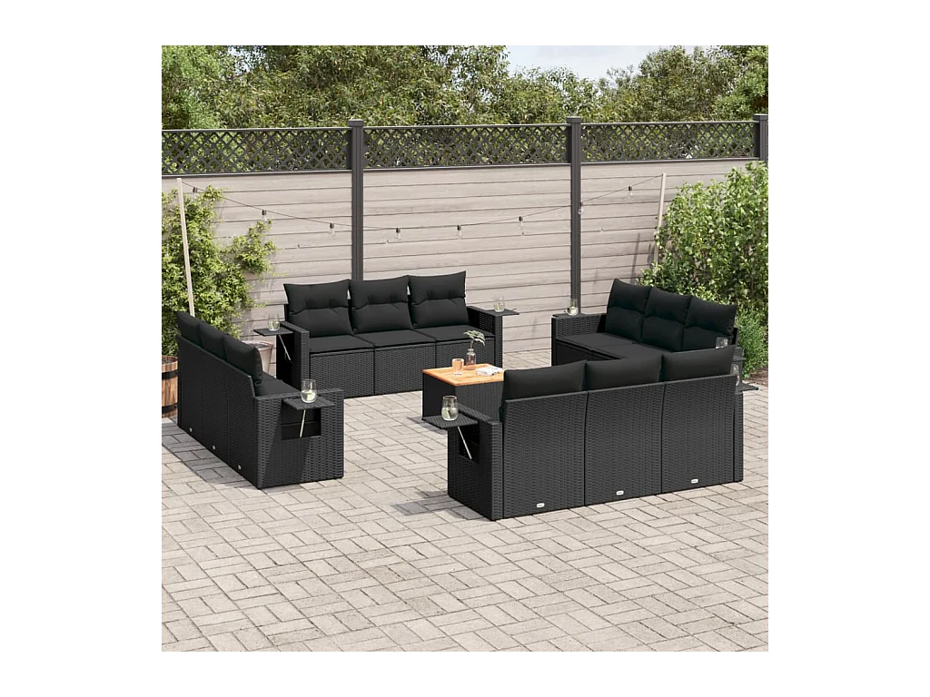 13-delige Loungeset met kussens poly rattan zwart
