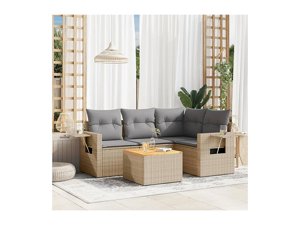 Salon de jardin avec coussins 5 pcs beige résine tressée