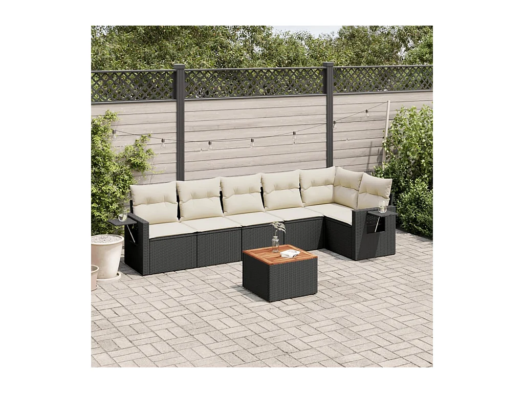 7-delige Loungeset met kussens poly rattan zwart