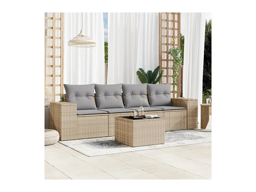5-delige Loungeset met kussens poly rattan beige
