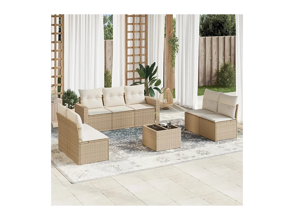 Set Divano da Giardino 8 pz con Cuscini Beige in Polyrattan