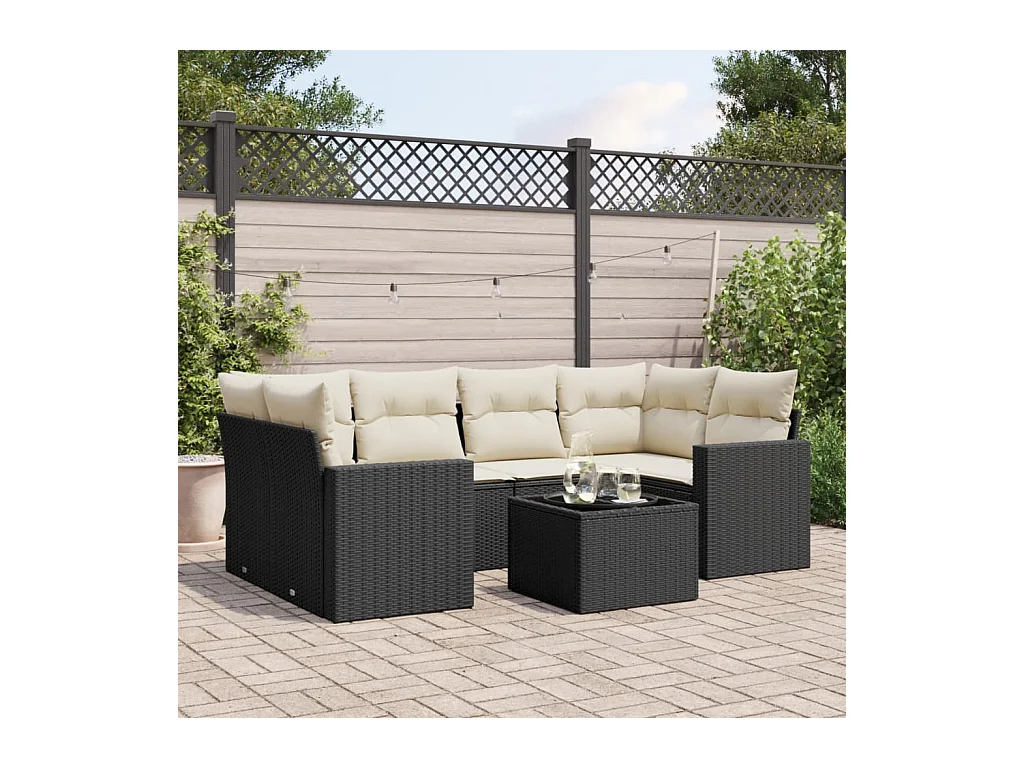 Set de comedor de jardín 7 pzas y cojines ratán sintético negro