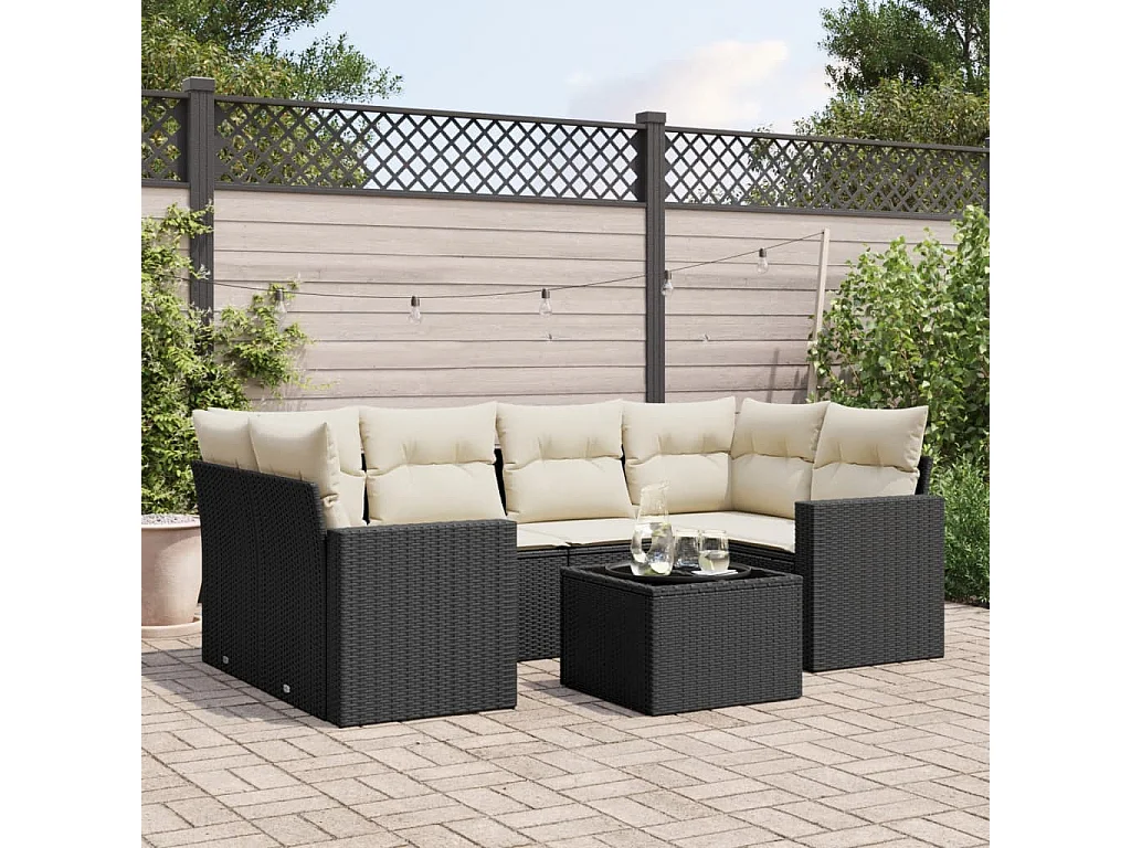 Salon de jardin 7 pcs avec coussins noir résine tressée