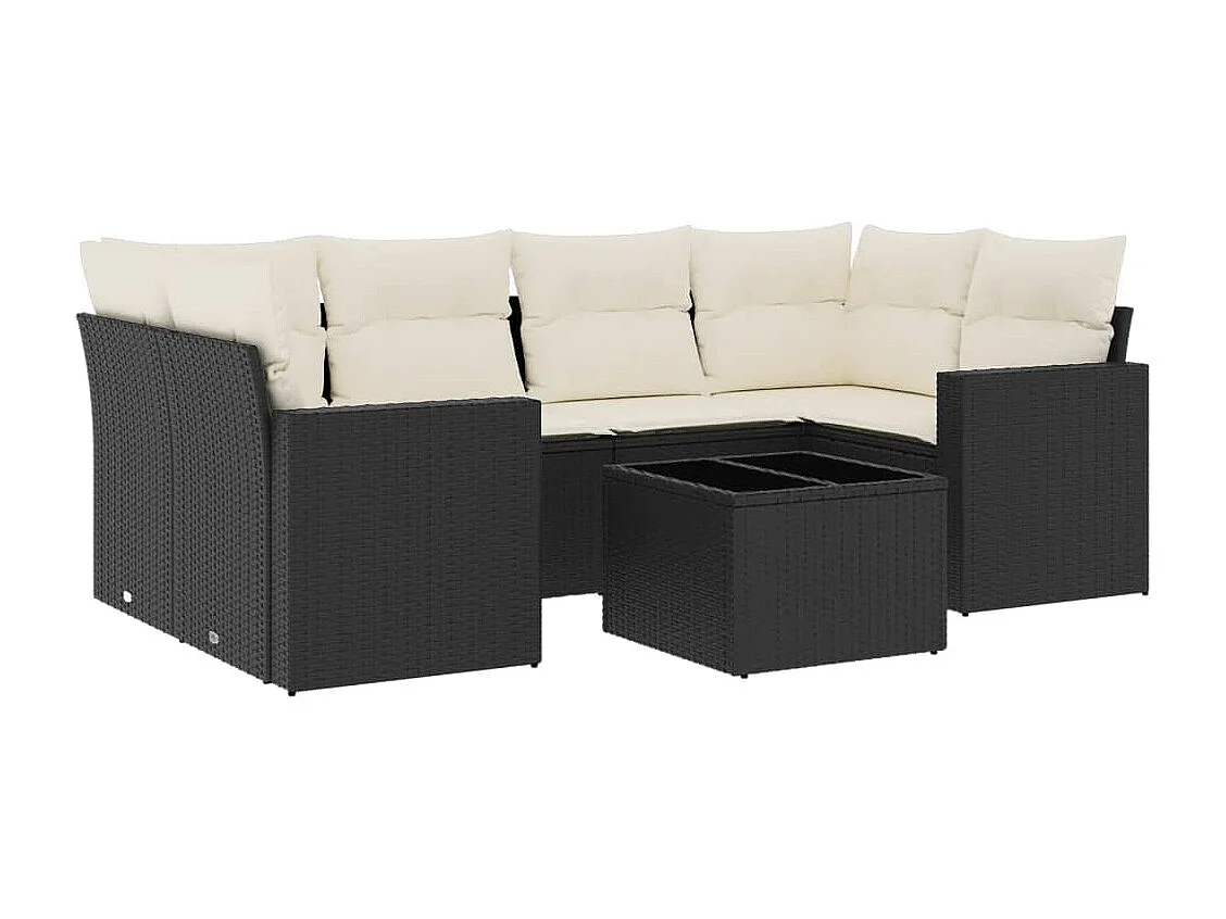 Salon de jardin 7 pcs avec coussins noir résine tressée