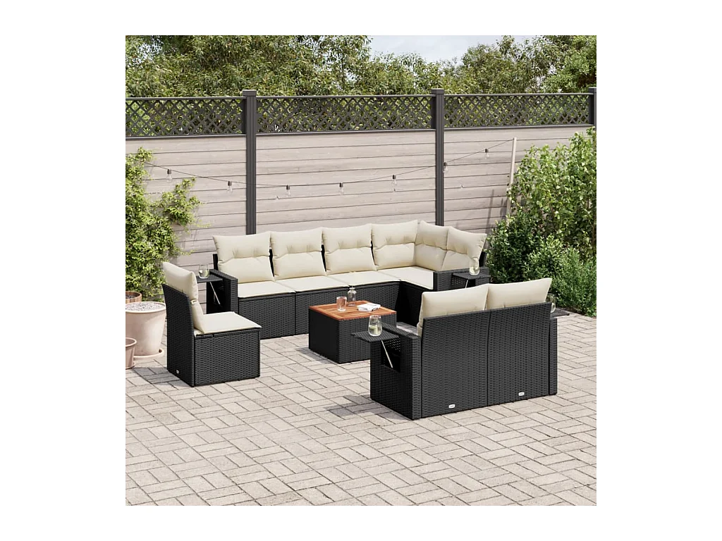 Salon de jardin 9 pcs avec coussins noir résine tressée