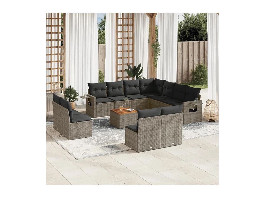 Salon de jardin avec coussins 12 pcs gris résine tressée