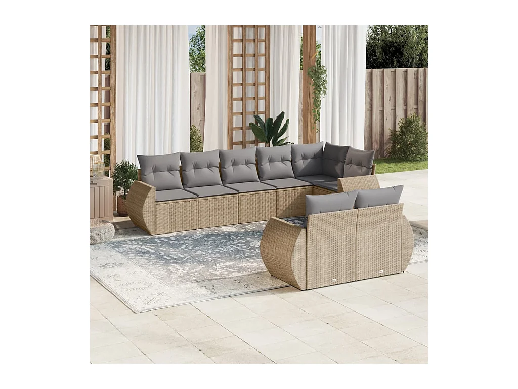 Set Divano da Giardino 8 pz con Cuscini Beige in Polyrattan