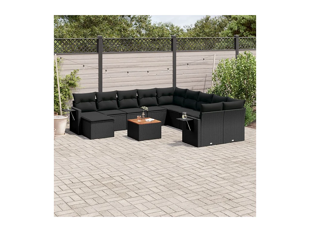 Salon de jardin 12 pcs avec coussins noir résine tressée