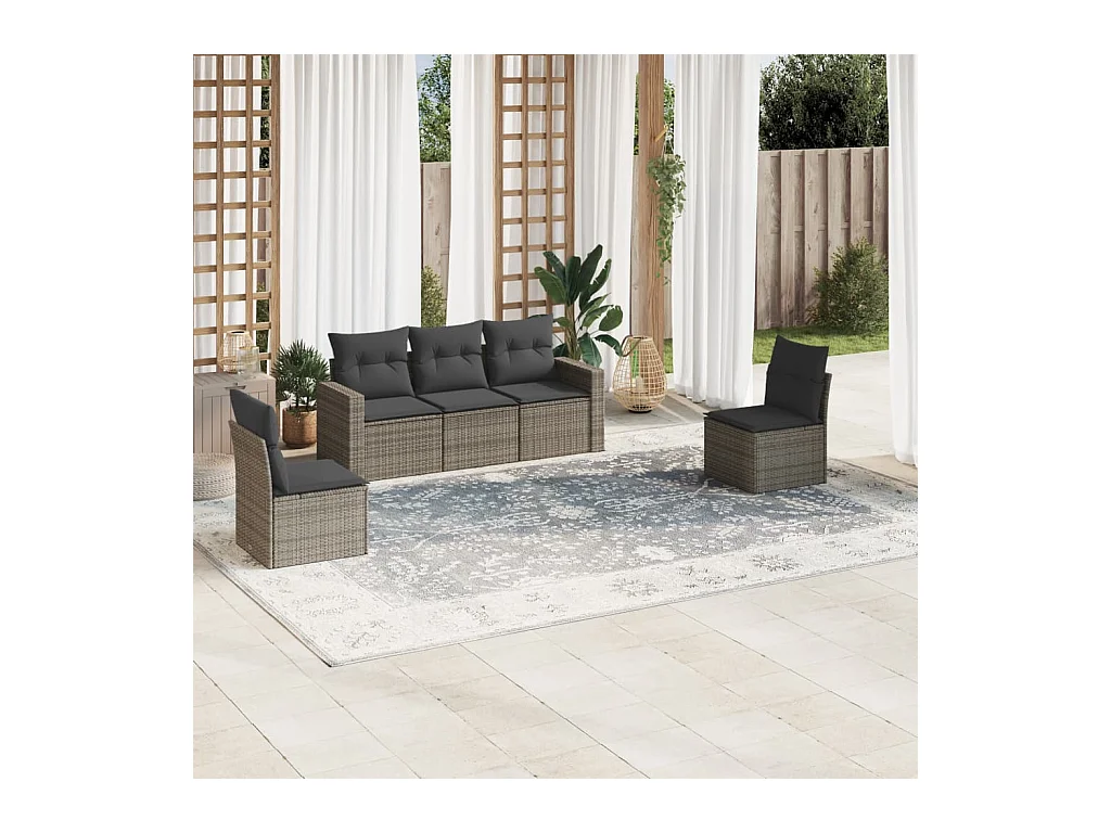 5-delige Loungeset met kussens poly rattan grijs