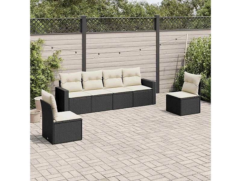 Salon de jardin 6 pcs avec coussins noir résine tressée