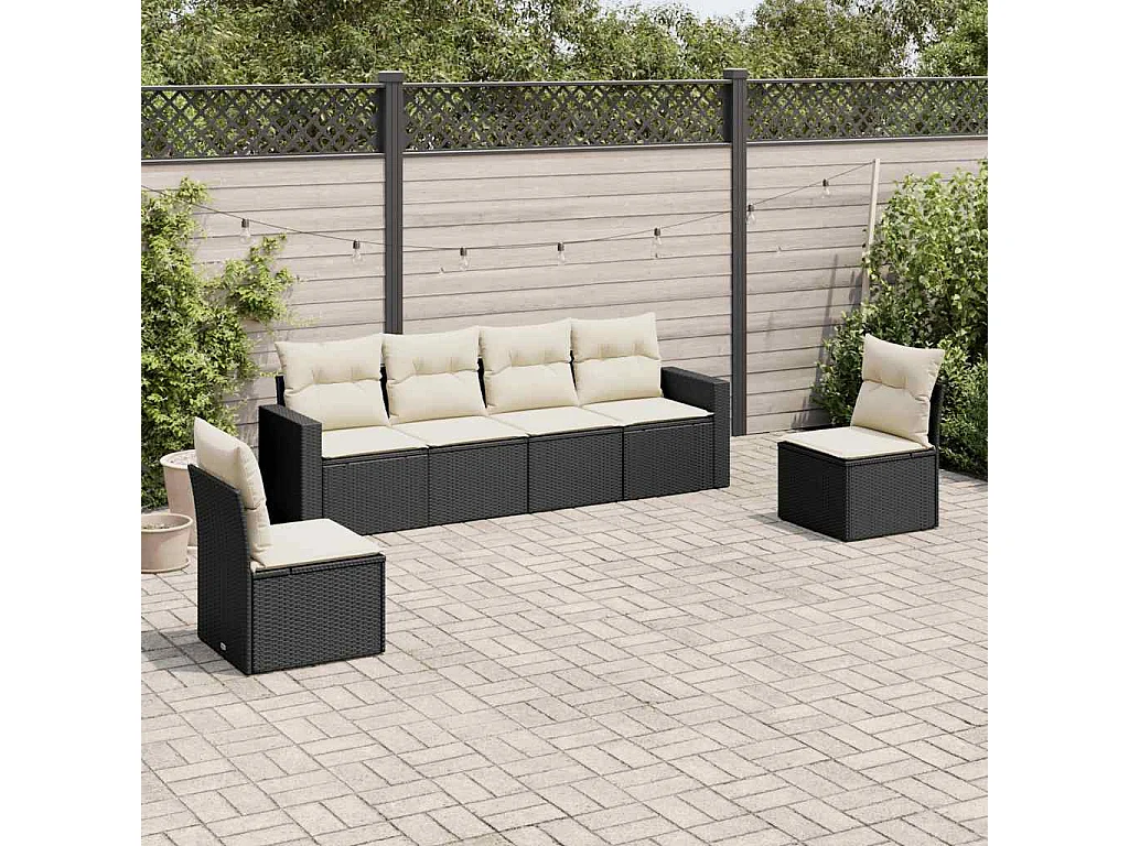6-delige Loungeset met kussens poly rattan zwart