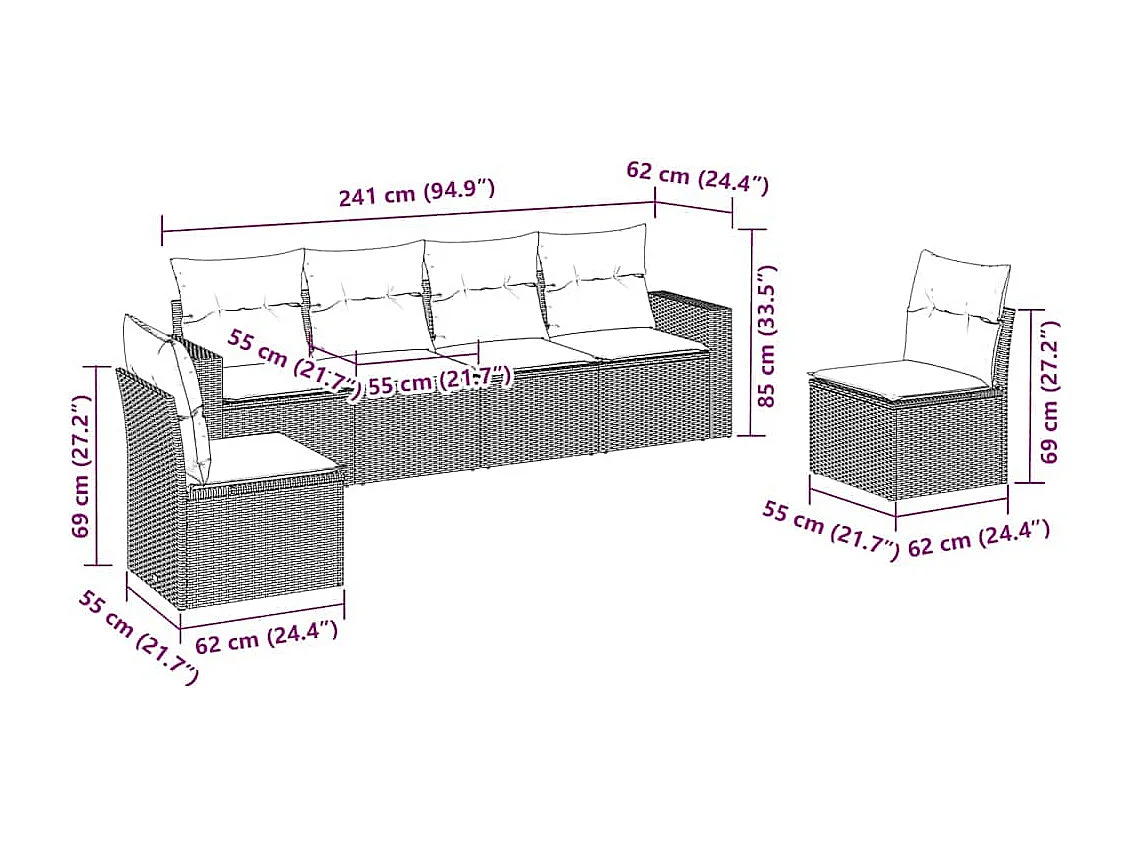 6-delige Loungeset met kussens poly rattan zwart