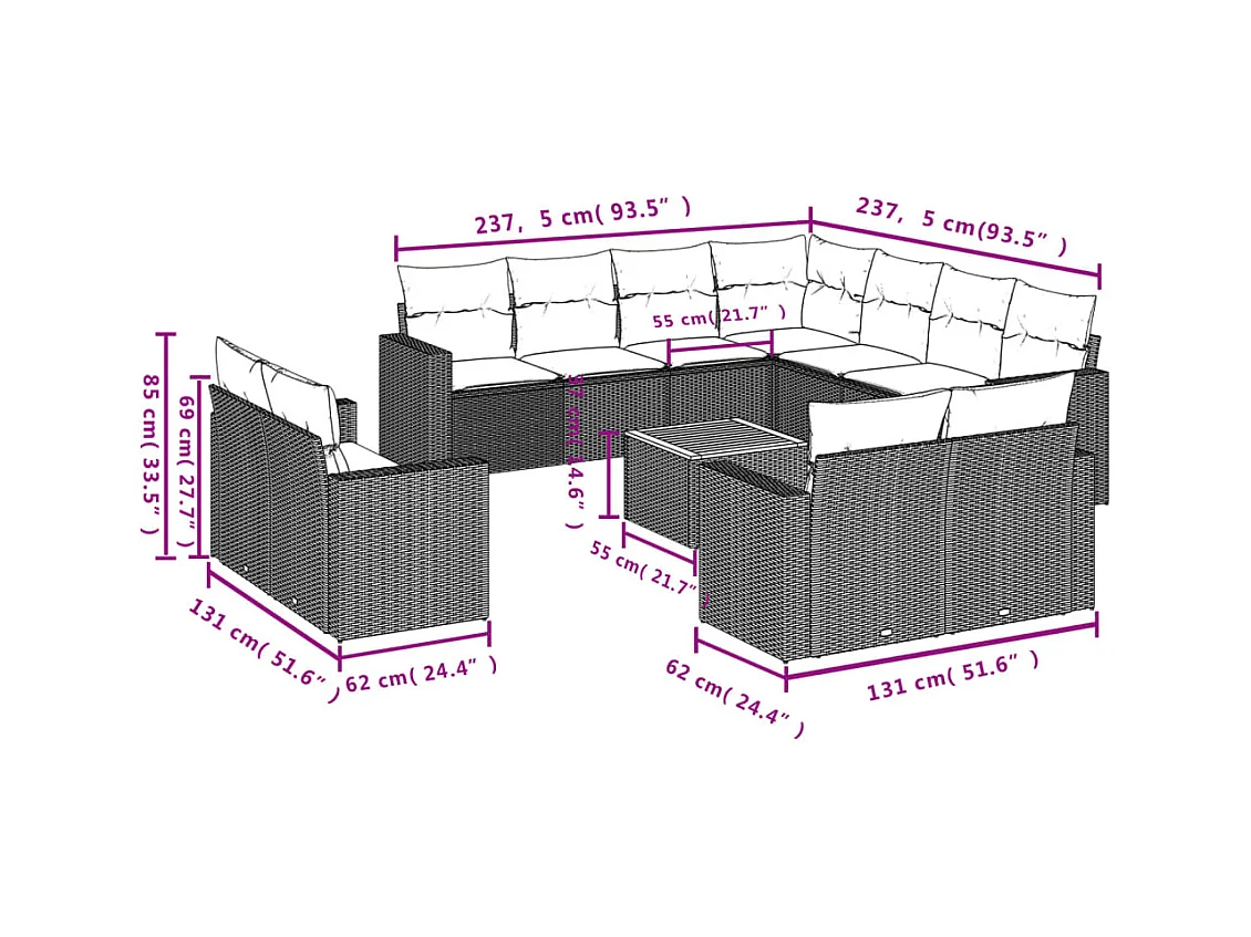 Salon de jardin avec coussins 12 pcs beige résine tressée