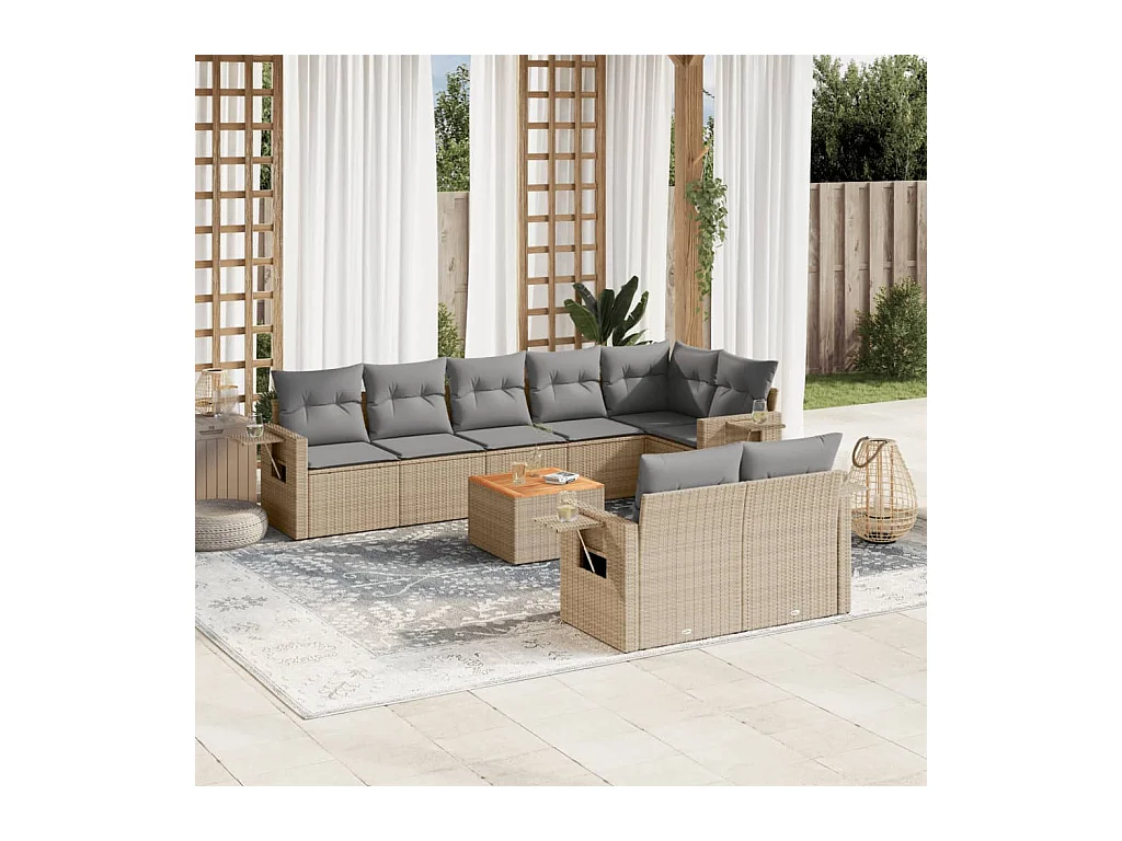 Set Divano da Giardino 9 pz con Cuscini Beige in Polyrattan