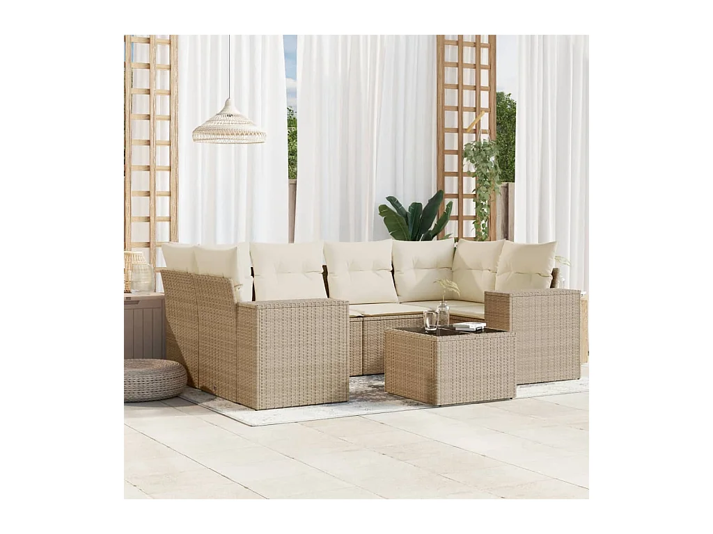 7-delige Loungeset met kussens poly rattan beige