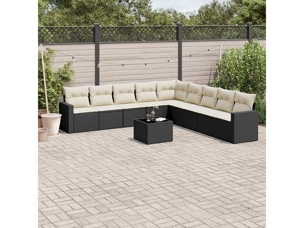 Salon de jardin 10 pcs avec coussins noir résine tressée